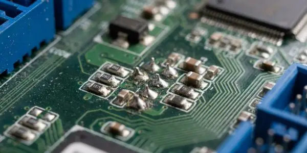 A close-up of a green circuit board with blue connectors and silver components is lit dramatically, creating sharp shadows.