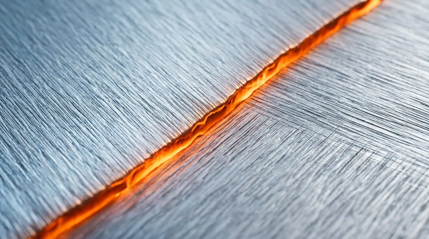 A glowing orange boundary between two brushed metal domains