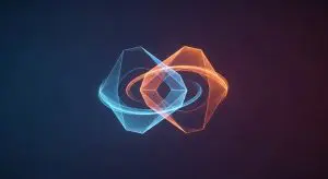 An abstract, glowing geometric shape in blue and orange floats against a dark, moody purple background