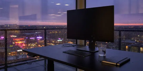 A dark desk with a monitor and notebook sits before a rainy city skyline at dusk, lit by neon.