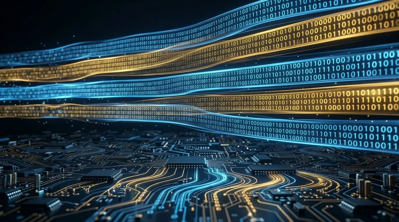 Horizontal ribbons of blue and gold binary digits stream above a dark circuit board with glowing traces