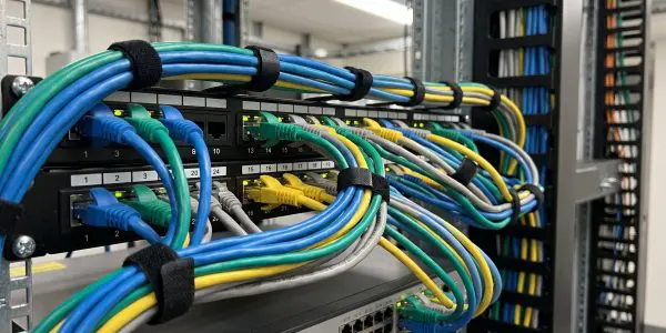 Ethernet leads sweeping into a switch in a rack
