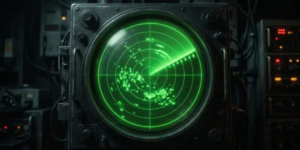 A vintage, green radar screen dominates a dark, cluttered control room filled with electronic equipment