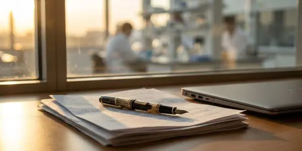 A signed term sheet and fountain pen on a desk beside a laptop
