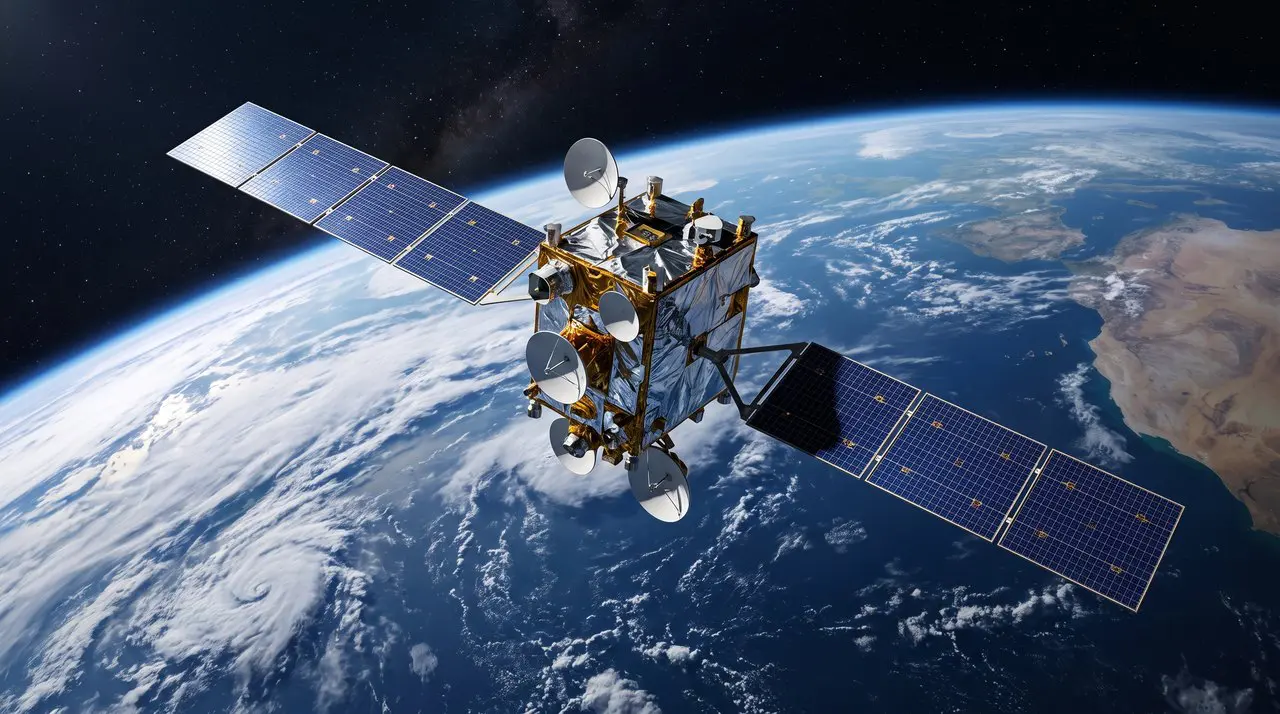 A communications satellite in orbit above the Earth