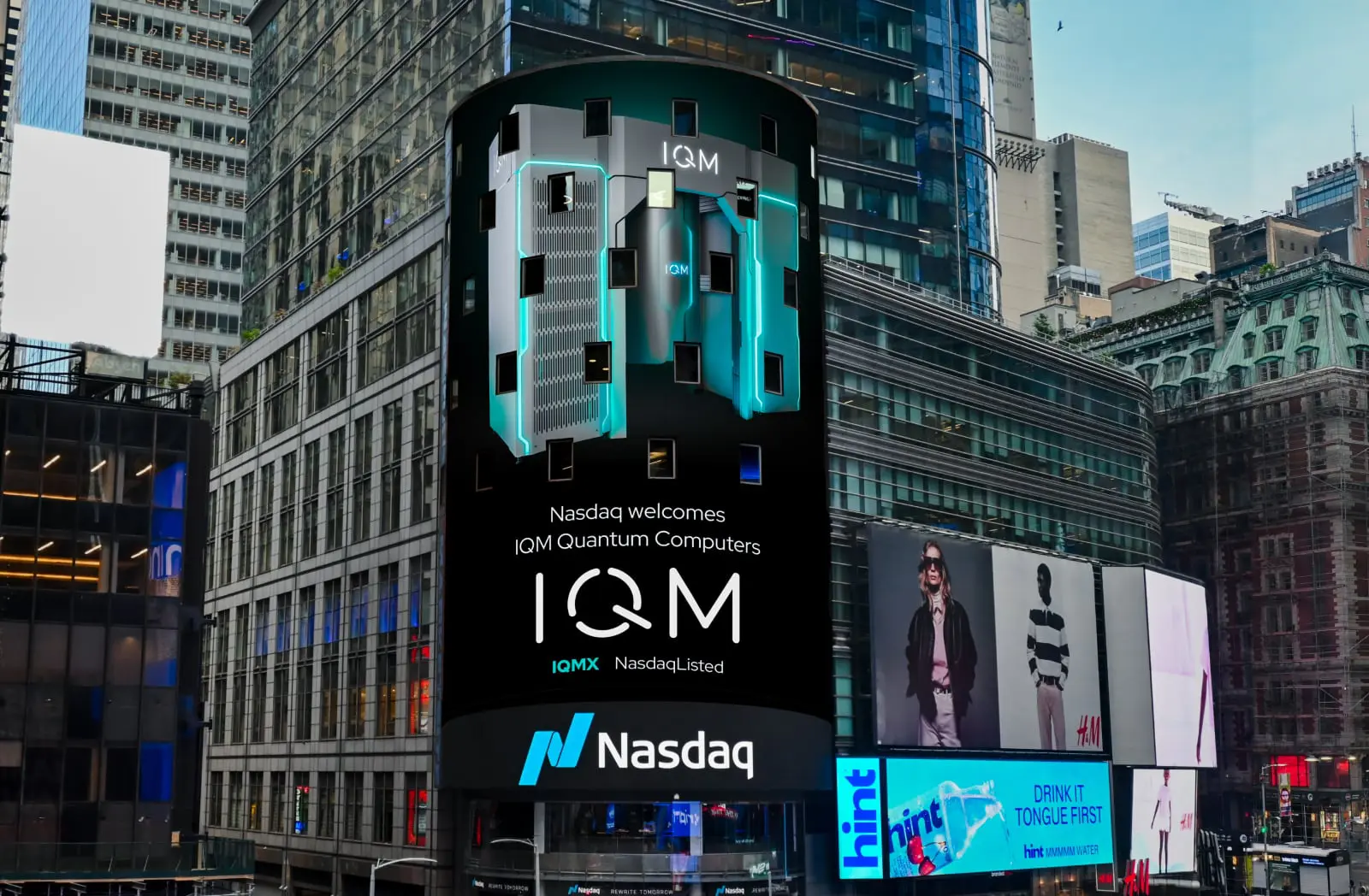 A Nasdaq billboard in Times Square welcoming IQM Quantum Computers on its listing