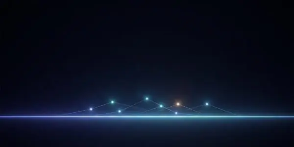 A bright horizontal line of light with several small colored dots connected above it, set on a dark background.