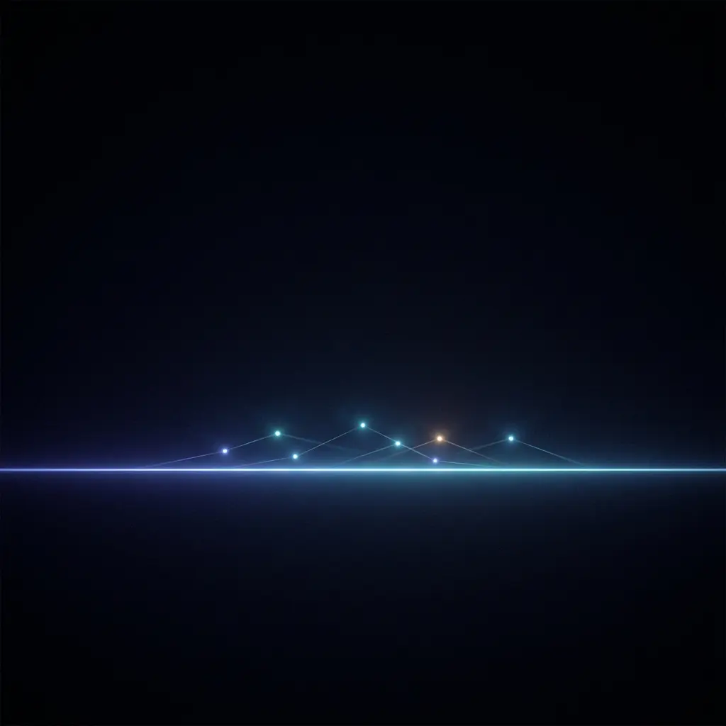 A bright horizontal line of light with several small colored dots connected above it, set on a dark background.