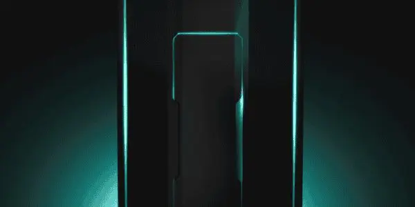 A sleek, futuristic doorway with glowing teal edges stands prominently against a dark, gradient background.