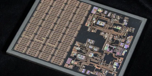 A silicon chip with a grid of repeating structures and complex circuitry is displayed against a dark background, featuring gold and silver tones.