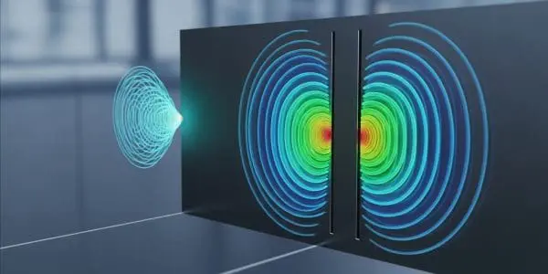 A glowing particle passes through two slits producing colored interference rings