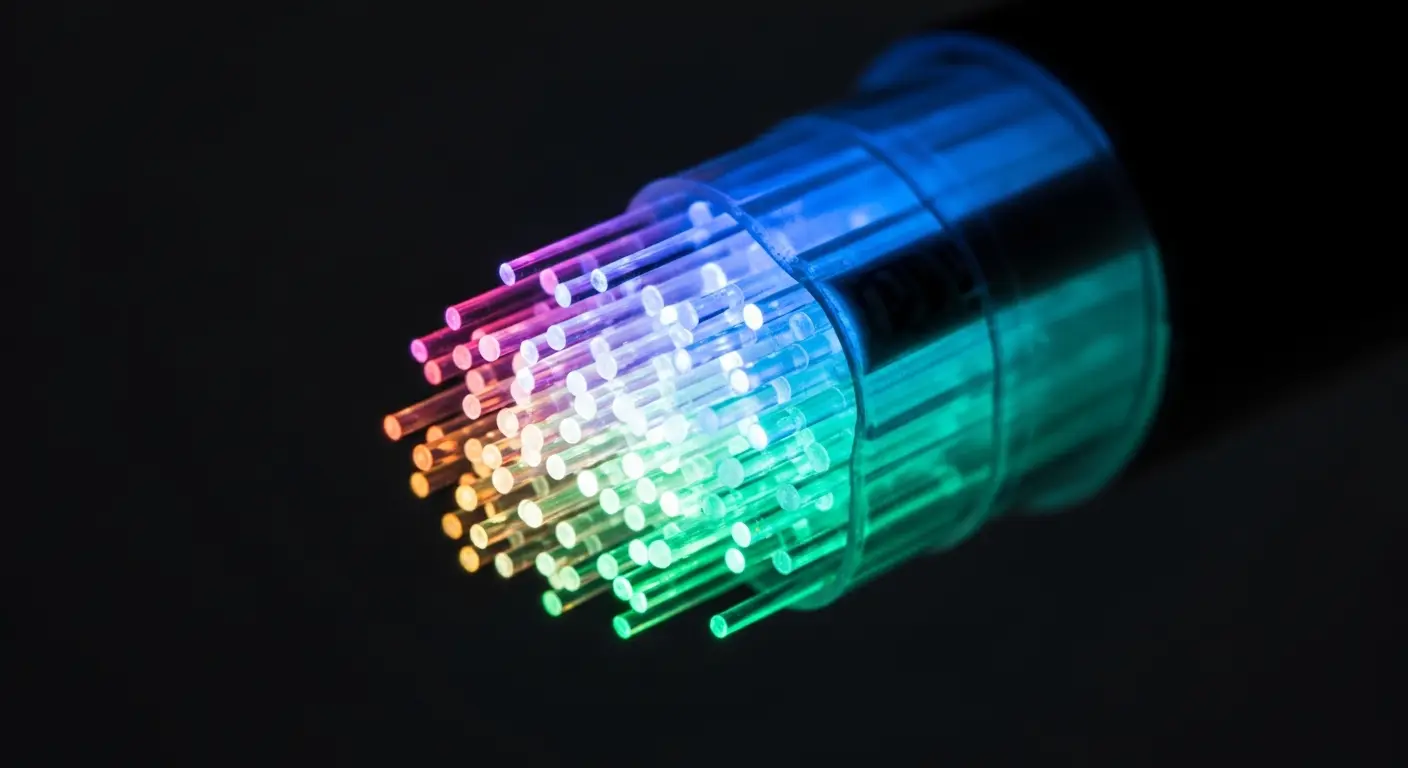 Glowing rainbow optical fiber strands bundled inside a transparent connector against a black background.