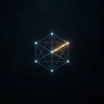A geometric arrangement of glowing blue nodes connected by lines, with a bright orange energy filament crossing one segment, set against a dark starfield.