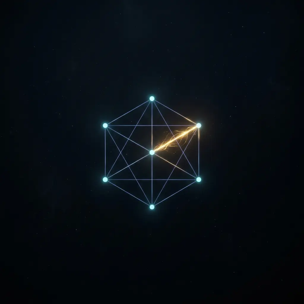 A geometric arrangement of glowing blue nodes connected by lines, with a bright orange energy filament crossing one segment, set against a dark starfield.