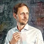 An illustrated portrait of Jan Goetz, co-founder and chief executive of IQM Quantum Computers, against a background of equations