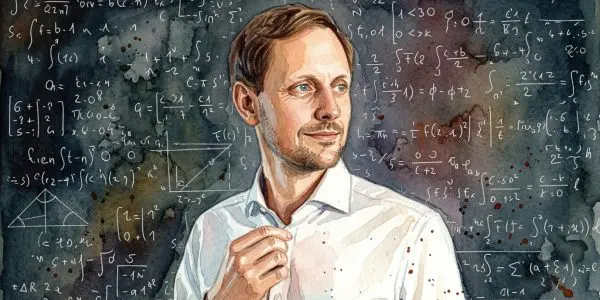 An illustrated portrait of Jan Goetz, co-founder and chief executive of IQM Quantum Computers, against a background of equations
