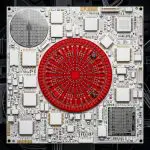 Japan quantum computing companies: white circuit-board flag of Japan with red LED sun