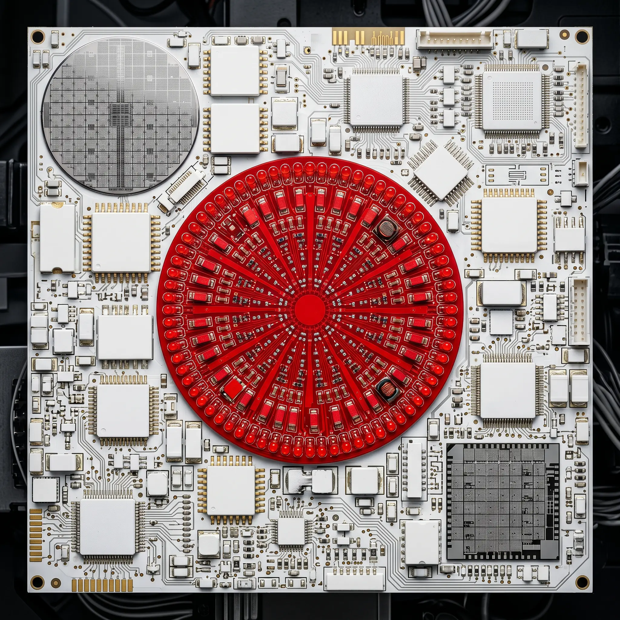 Japan quantum computing companies: white circuit-board flag of Japan with red LED sun
