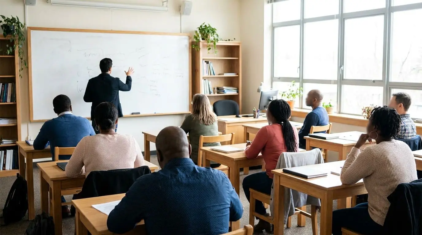 Adult learners at desks facing a whiteboard of faint diagrams