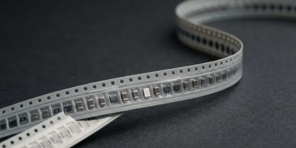 A close-up displays a strip of electronic components on a dark grey surface, with silver and white tones