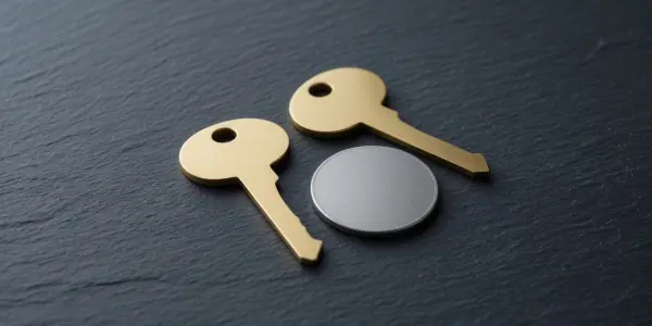 Golden keys and a circular metal disc rest on a dark slate surface, illuminated by soft, directional light.