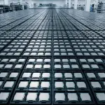 Rows of electronic devices fill a large, brightly lit industrial space, dominated by cool blues and blacks