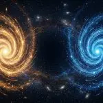 Two swirling spiral galaxies, one gold and one blue, dominate a star-filled black space