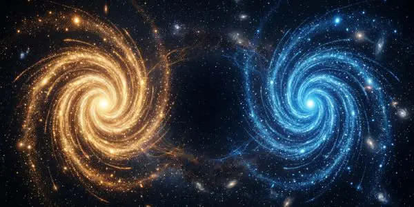 Two swirling spiral galaxies, one gold and one blue, dominate a star-filled black space