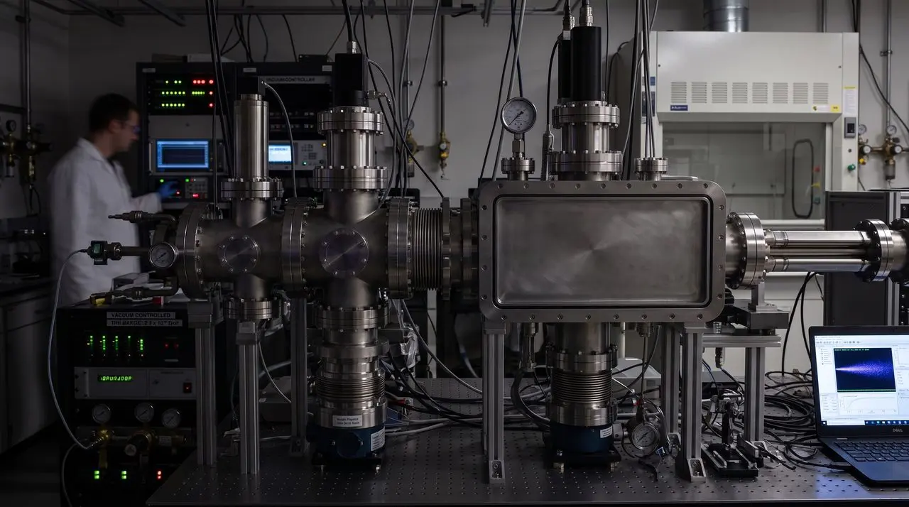 A complex scientific instrument is shown in a darkened laboratory setting with silver, black, and green equipment.