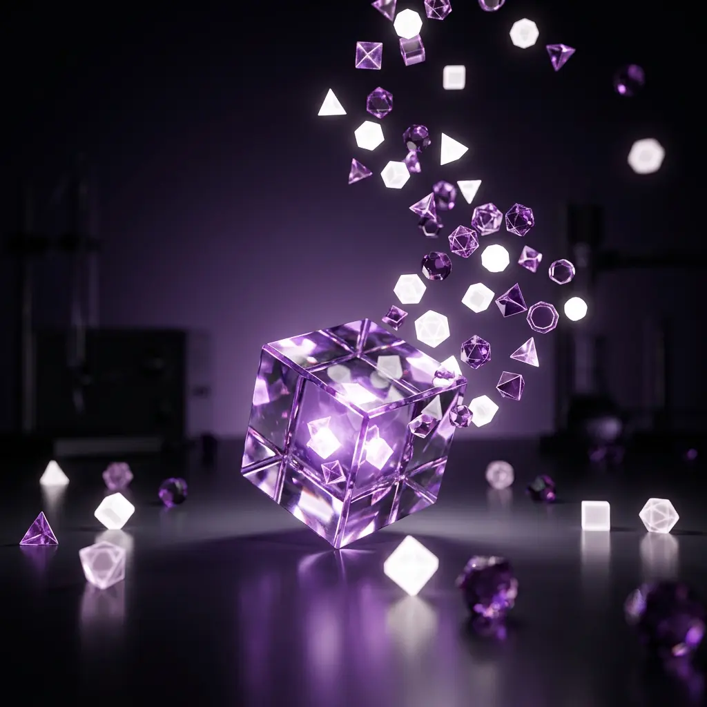 Glass cube spilling glowing polyhedra into the air
