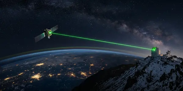 A satellite in orbit sending a green laser downlink to an observatory on a mountain ridge
