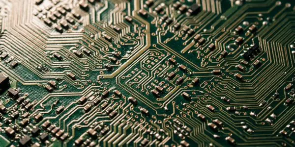 A close-up view of a complex green circuit board with gold traces and black components, illuminated with focused lighting.