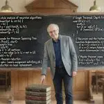 Illustration of Donald Knuth at a blackboard of algorithms beside volumes of The Art of Computer Programming