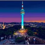 Pixel-art illustration of N Seoul Tower lit up at dusk above the city lights of Seoul, with visitors on the hilltop terrace