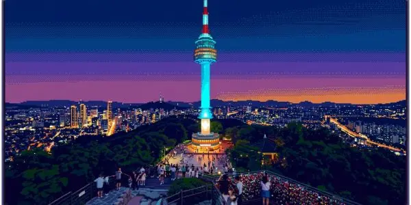 Pixel-art illustration of N Seoul Tower lit up at dusk above the city lights of Seoul, with visitors on the hilltop terrace