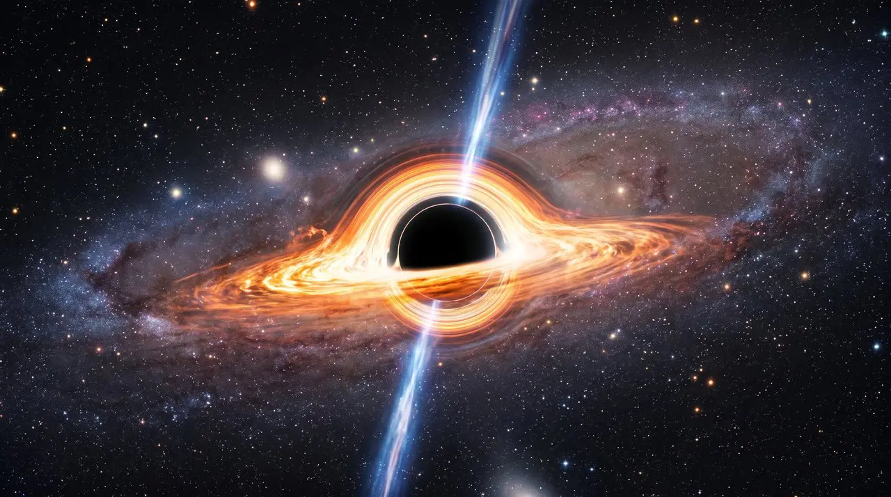 A black hole is surrounded by a swirling accretion disk of orange, blue, and white light against a starry backdrop.