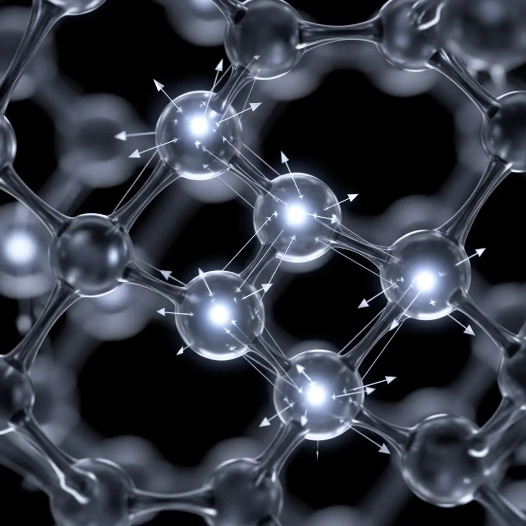 Crystal lattice with faint magnetic spin arrows slightly tilting across regions, subtle domain variations glowing softly