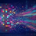 Coloured lattice grid on the left breaking apart into streams of binary digits on the right