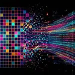 Coloured lattice grid dissolving into streams of binary digits against a black background