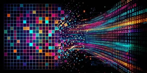 Coloured lattice grid dissolving into streams of binary digits against a black background