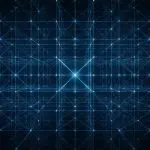 A regular lattice of points receding into depth with lines converging on one bright point, the closest-vector problem that post-quantum cryptography rests on