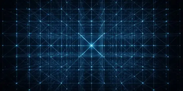 A regular lattice of points receding into depth with lines converging on one bright point, the closest-vector problem that post-quantum cryptography rests on