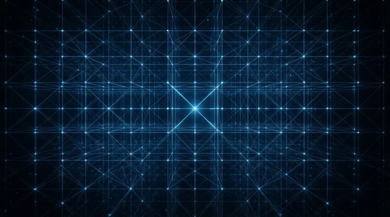 A regular lattice of points receding into depth with lines converging on one bright point, the closest-vector problem that post-quantum cryptography rests on
