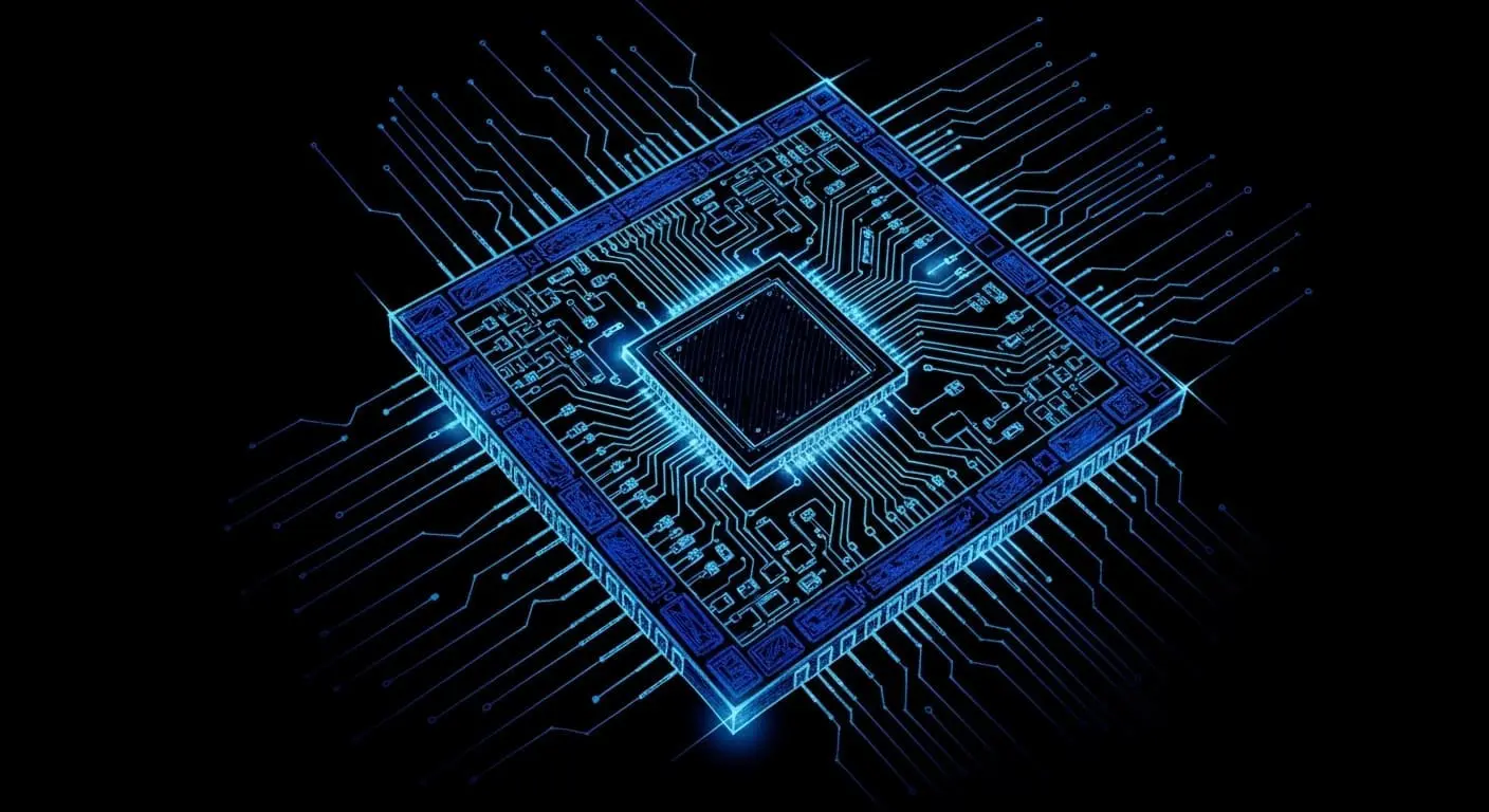 Glowing blue quantum processor illustration
