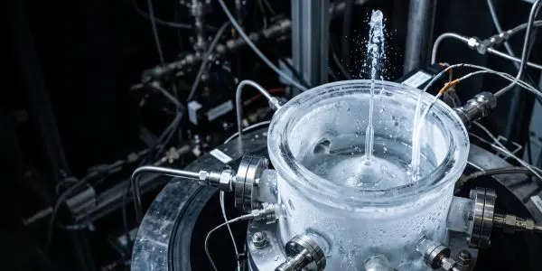 Frosted glass vessel with a thin liquid jet rising from its centre, ringed by steel fittings