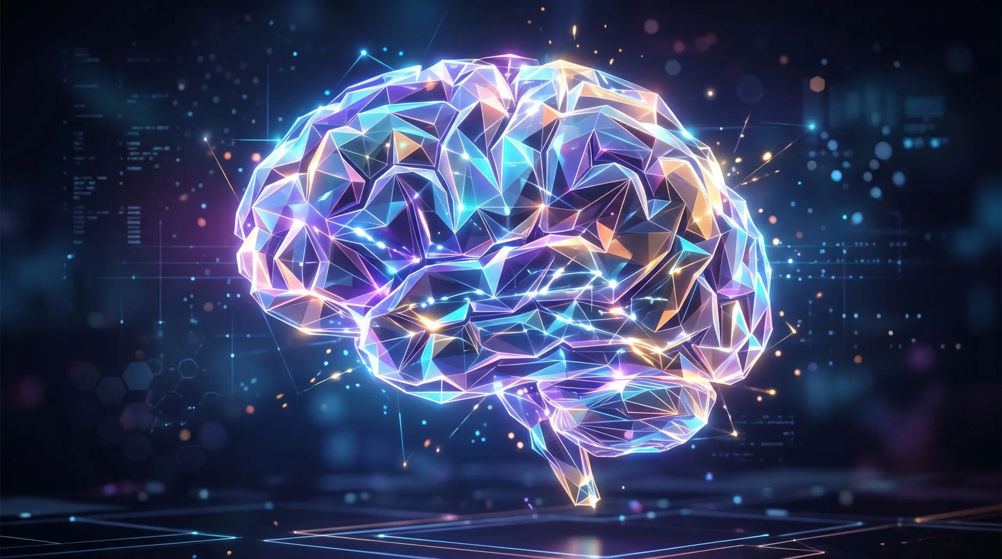 A glowing, polygonal brain is centered against a dark, futuristic background filled with digital data and light particles.