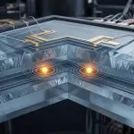 Cutaway of a layered semiconductor device with two glowing quantum dots and gold electrodes