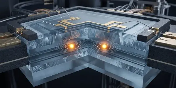Cutaway of a layered semiconductor device with two glowing quantum dots and gold electrodes