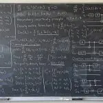 A blackboard of quantum circuit diagrams and matrix algebra