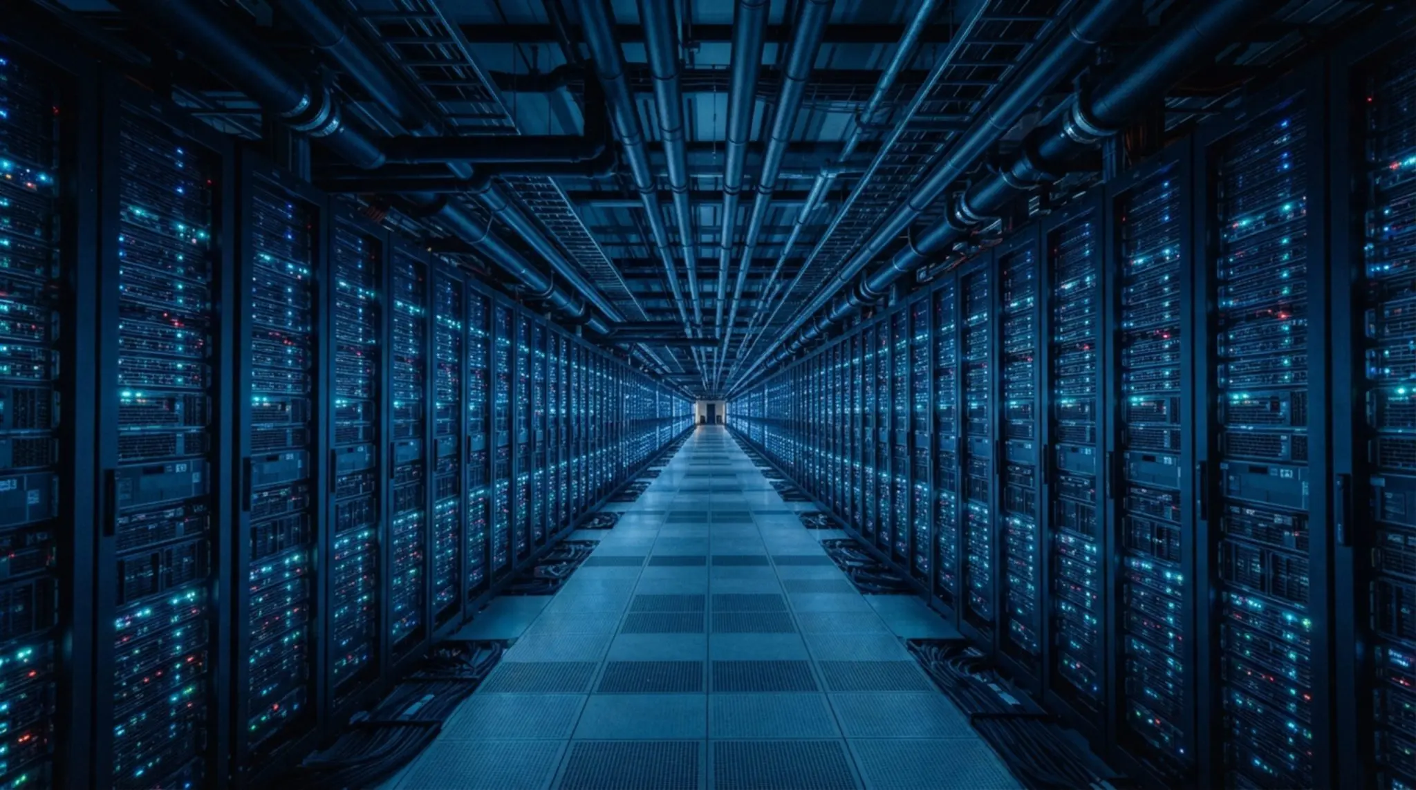 A long blue aisle between two walls of supercomputer racks